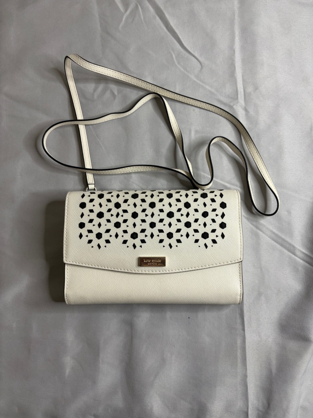 kate spade White Crossbody Wallet with Laser-Cut Floral Detail